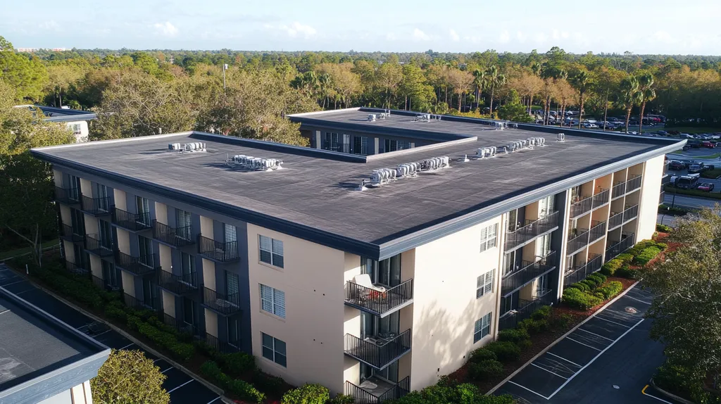A commercial roof on high-rise apartments in a location similar to Orlando with a comic book style aesthetic (AI image)