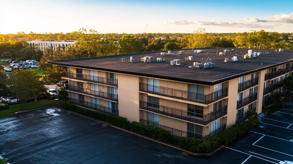 A commercial roof on high-rise apartments in a location similar to Orlando with a comic book style aesthetic (AI image)