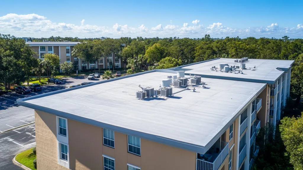 A commercial roof on high-rise apartments in a location similar to Orlando with a cross-processed look aesthetic (AI image)