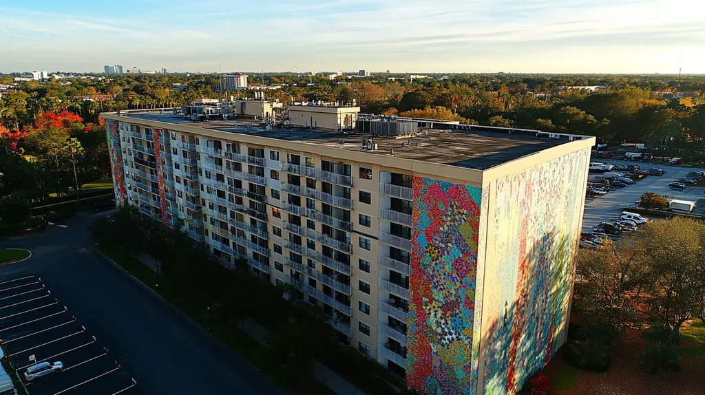 A commercial roof on high-rise apartments in a location similar to Orlando with a mosaic tile art aesthetic (AI image)