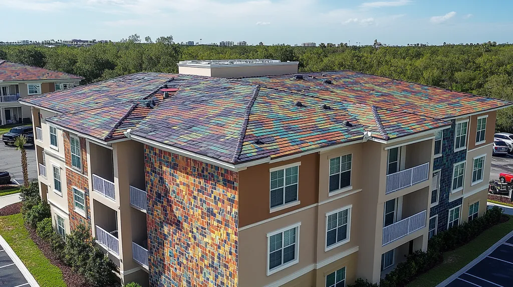 A commercial roof on high-rise apartments in a location similar to Orlando with a mosaic tile art aesthetic (AI image)