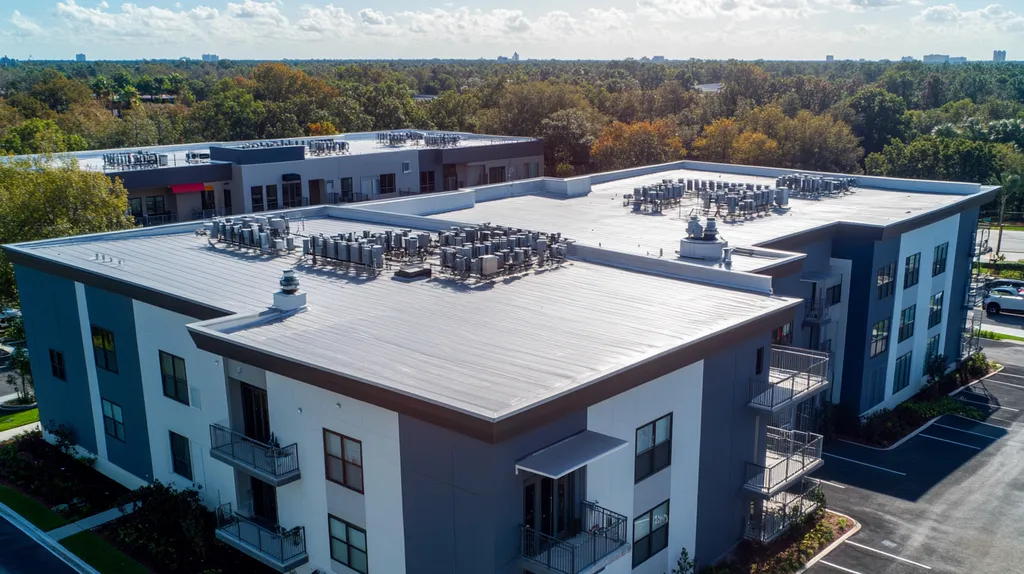 A commercial roof on high-rise apartments in a location similar to Orlando with a stainless steel aesthetic (AI image)