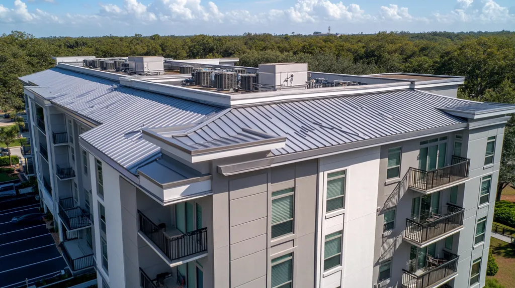 A commercial roof on high-rise apartments in a location similar to Orlando with a stainless steel aesthetic (AI image)