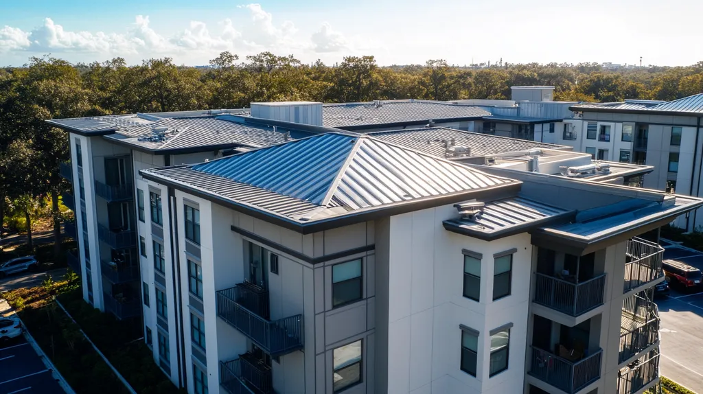 A commercial roof on high-rise apartments in a location similar to Orlando with a stainless steel aesthetic (AI image)