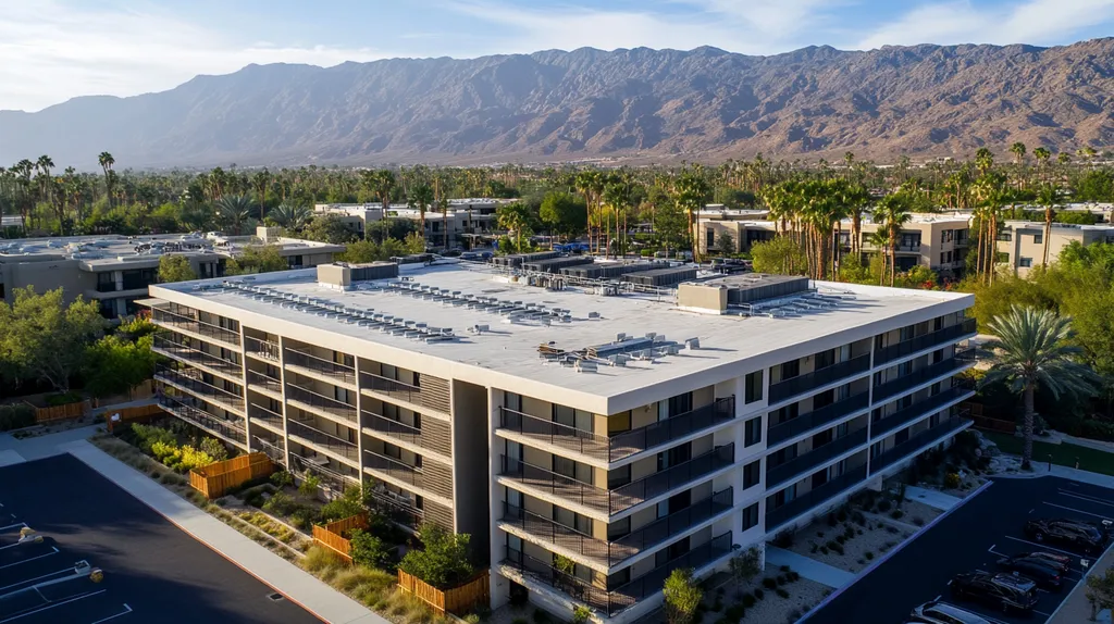 A commercial roof on high-rise apartments in a location similar to Palm Springs with an architectural photography aesthetic (AI image)