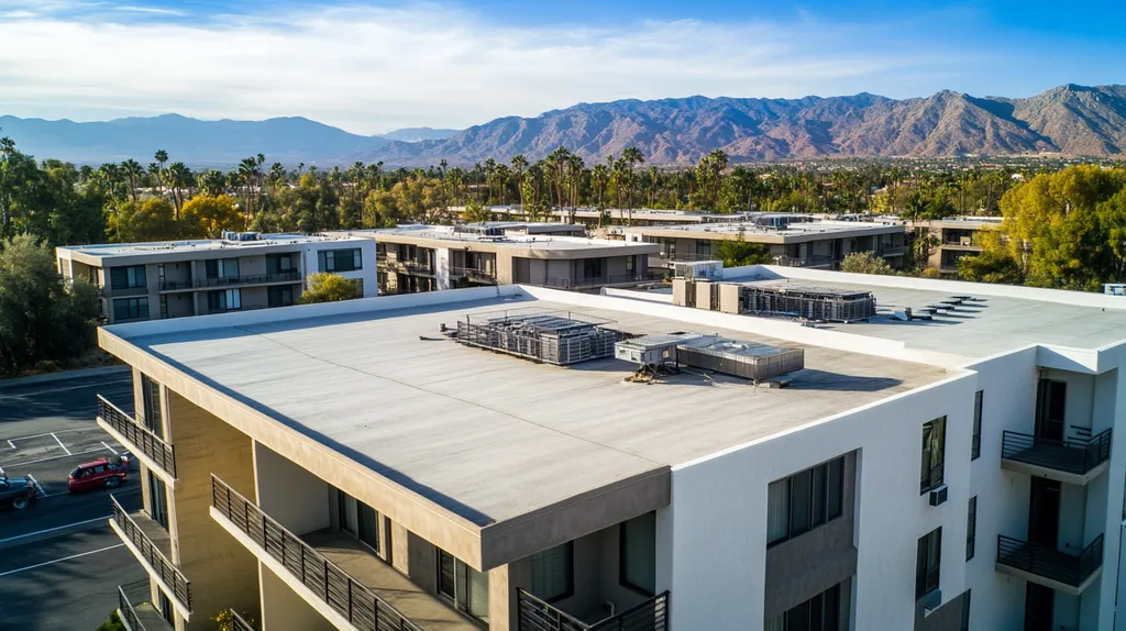 A commercial roof on high-rise apartments in a location similar to Palm Springs with an architectural photography aesthetic (AI image)