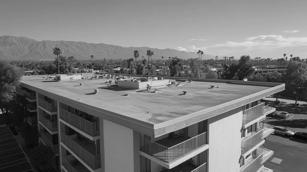 A commercial roof on high-rise apartments in a location similar to Palm Springs with a black and white photography aesthetic (AI image)