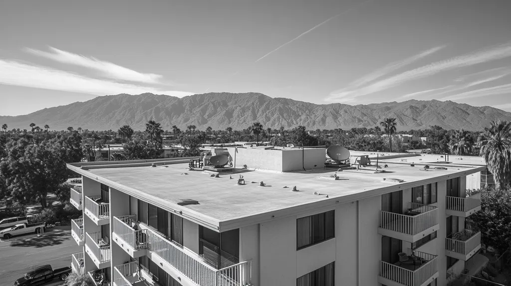 A commercial roof on high-rise apartments in a location similar to Palm Springs with a black-and-white photography aesthetic (AI image)