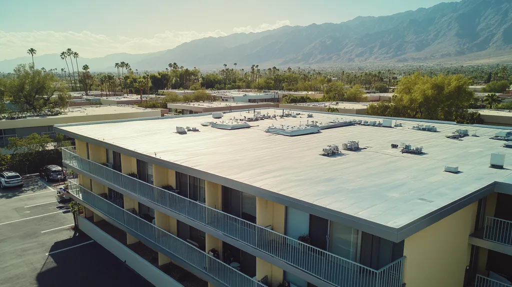 A commercial roof on high-rise apartments in a location similar to Palm Springs with a stainless steel aesthetic (AI image)