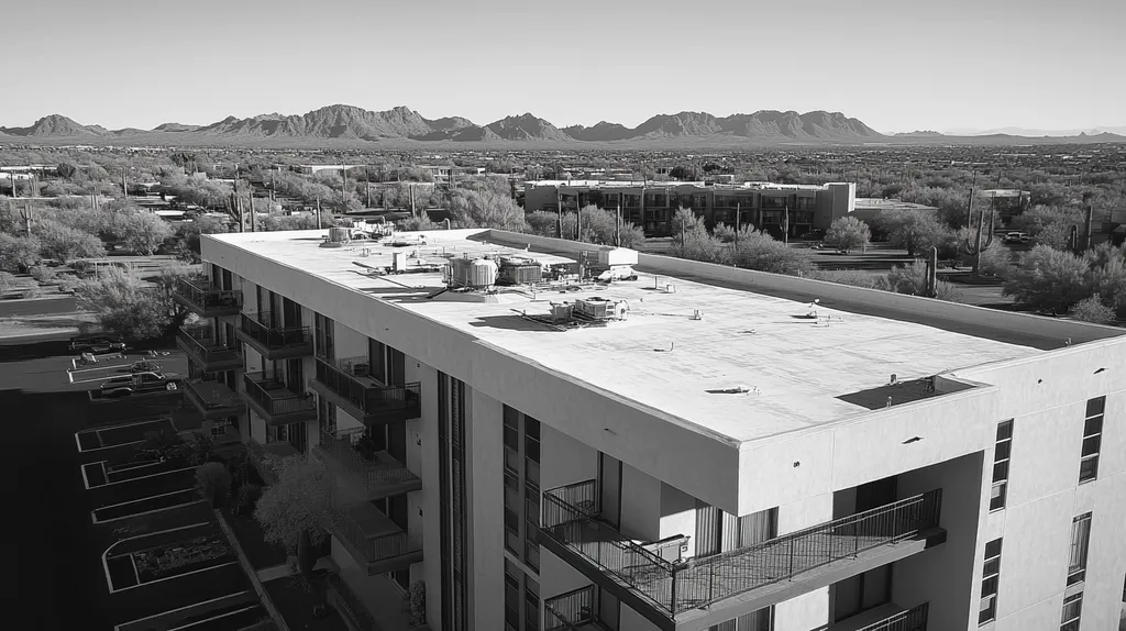 A commercial roof on high-rise apartments in a location similar to Phoenix with a black and white photography aesthetic (AI image)