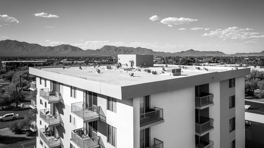 A commercial roof on high-rise apartments in a location similar to Phoenix with a black and white photography aesthetic (AI image)
