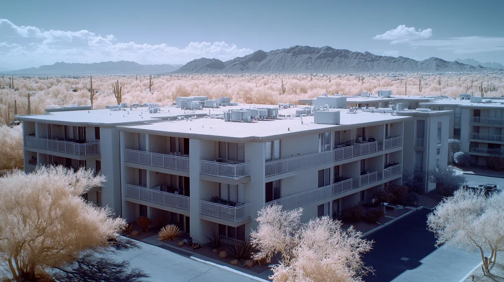 A commercial roof on high-rise apartments in a location similar to Phoenix with an infrared photography aesthetic (AI image)