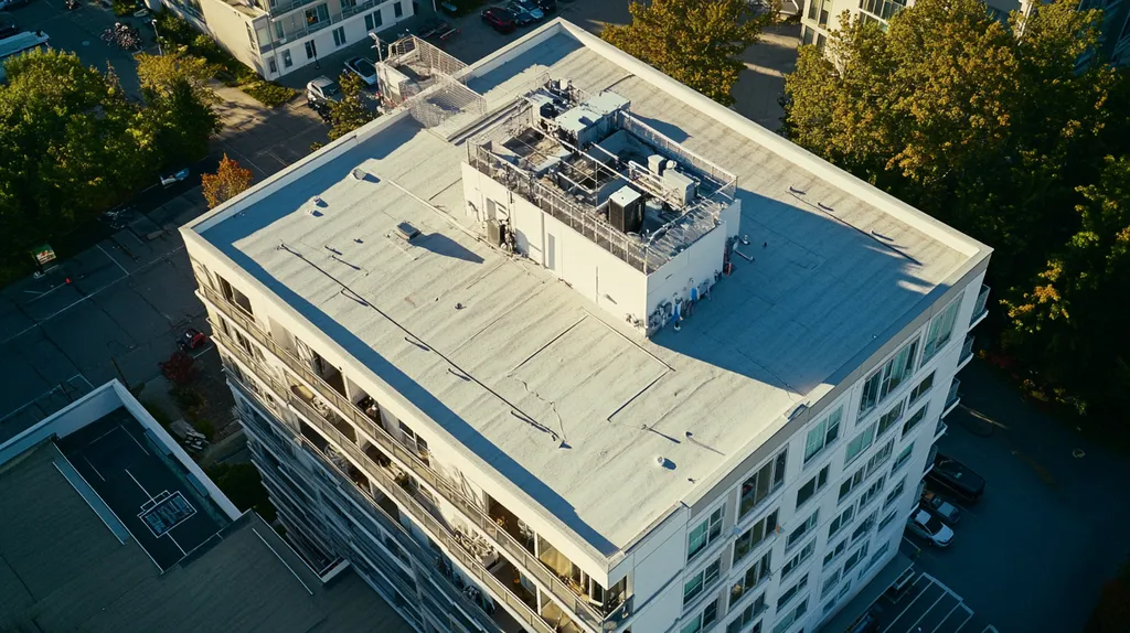A commercial roof on high-rise apartments in a location similar to Portland, Maine with an architectural photography aesthetic (AI image)