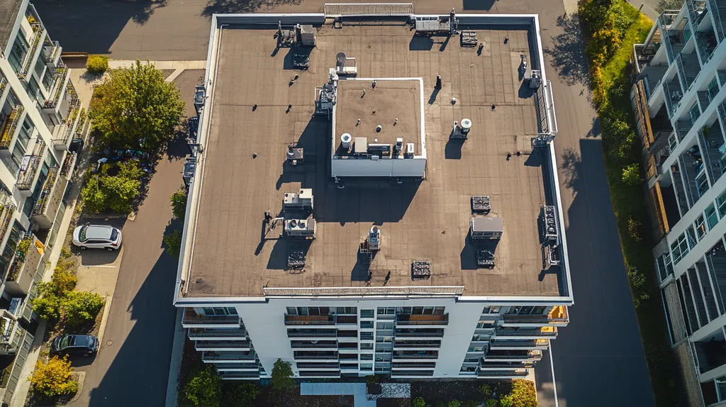 A commercial roof on high-rise apartments in a location similar to Portland, Maine with an architectural photography aesthetic (AI image)
