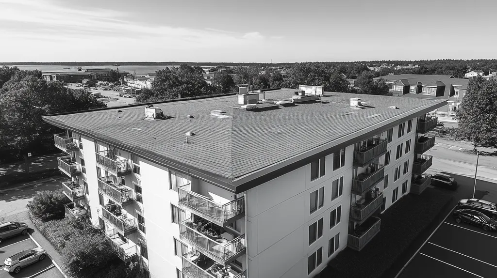 A commercial roof on high-rise apartments in a location similar to Portland, Maine with a black and white photography aesthetic (AI image)