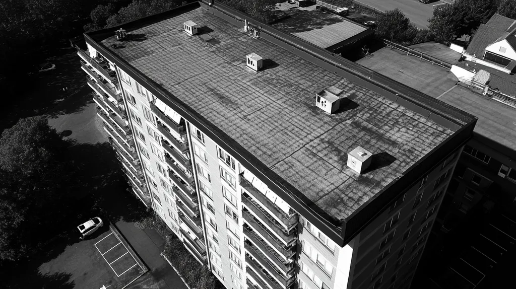 A commercial roof on high-rise apartments in a location similar to Portland, Maine with a black and white photography aesthetic (AI image)