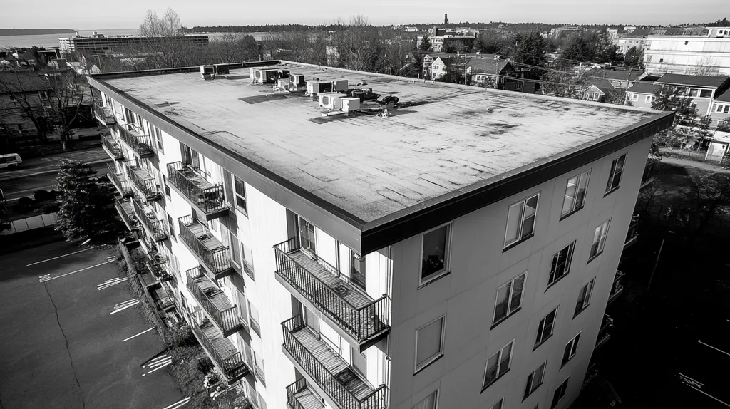 A commercial roof on high-rise apartments in a location similar to Portland, Maine with a black and white photography aesthetic (AI image)