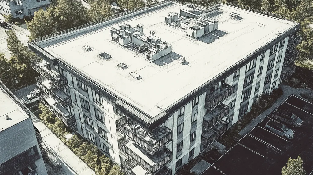 A commercial roof on high-rise apartments in a location similar to Portland, Maine with a charcoal sketch aesthetic (AI image)