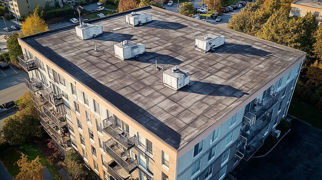 A commercial roof on high-rise apartments in a location similar to Portland, Maine with a charcoal sketch aesthetic (AI image)
