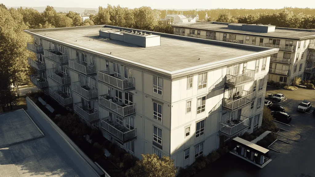A commercial roof on high-rise apartments in a location similar to Portland, Maine with a charcoal sketch aesthetic (AI image)