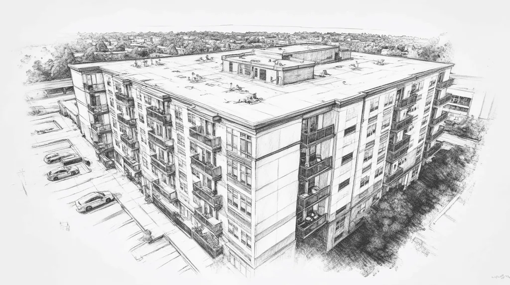 A commercial roof on high-rise apartments in a location similar to Portland, Maine with a charcoal sketch aesthetic (AI image)