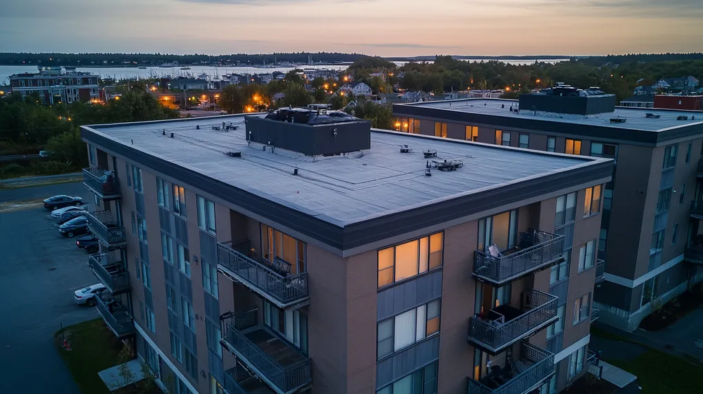 A commercial roof on high-rise apartments in a location similar to Portland, Maine with an illuminated nightscape aesthetic (AI image)