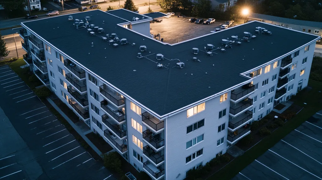 A commercial roof on high-rise apartments in a location similar to Portland, Maine with an illuminated nightscape aesthetic (AI image)