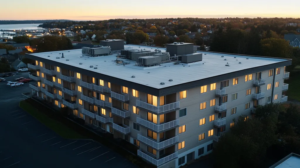 A commercial roof on high-rise apartments in a location similar to Portland, Maine with an illuminated nightscape aesthetic (AI image)