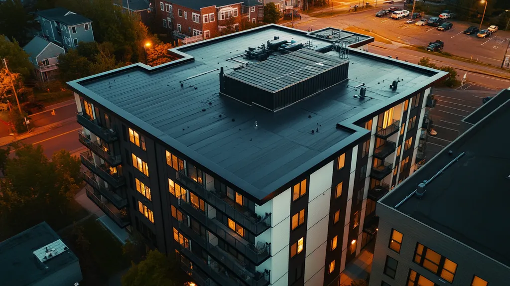 A commercial roof on high-rise apartments in a location similar to Portland, Maine with an illuminated nightscape aesthetic (AI image)