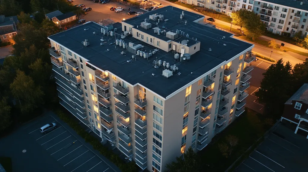 A commercial roof on high-rise apartments in a location similar to Portland, Maine with an illuminated nightscape aesthetic (AI image)