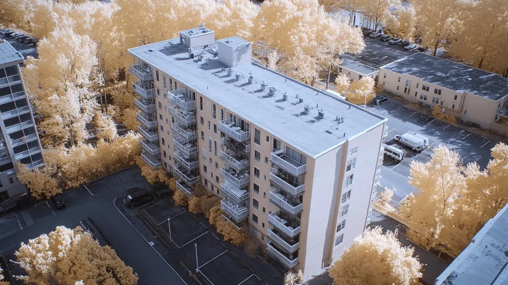 A commercial roof on high-rise apartments in a location similar to Portland, Maine with an infrared photography aesthetic (AI image)