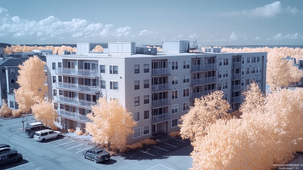 A commercial roof on high-rise apartments in a location similar to Portland, Maine with an infrared photography aesthetic (AI image)