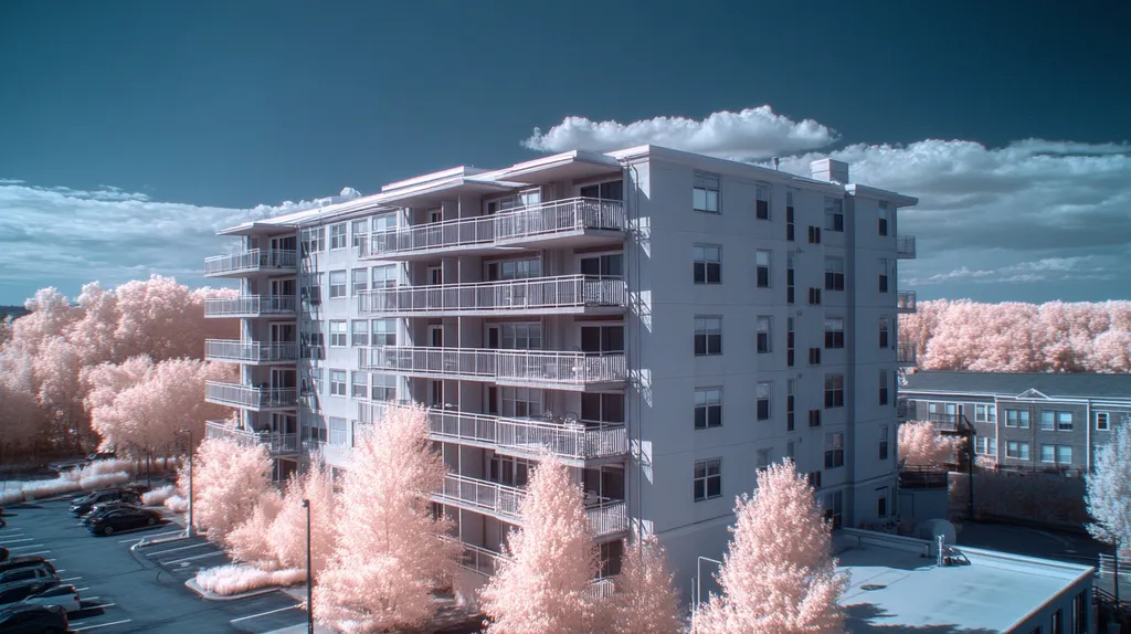 A commercial roof on high-rise apartments in a location similar to Portland, Maine with an infrared photography aesthetic (AI image)