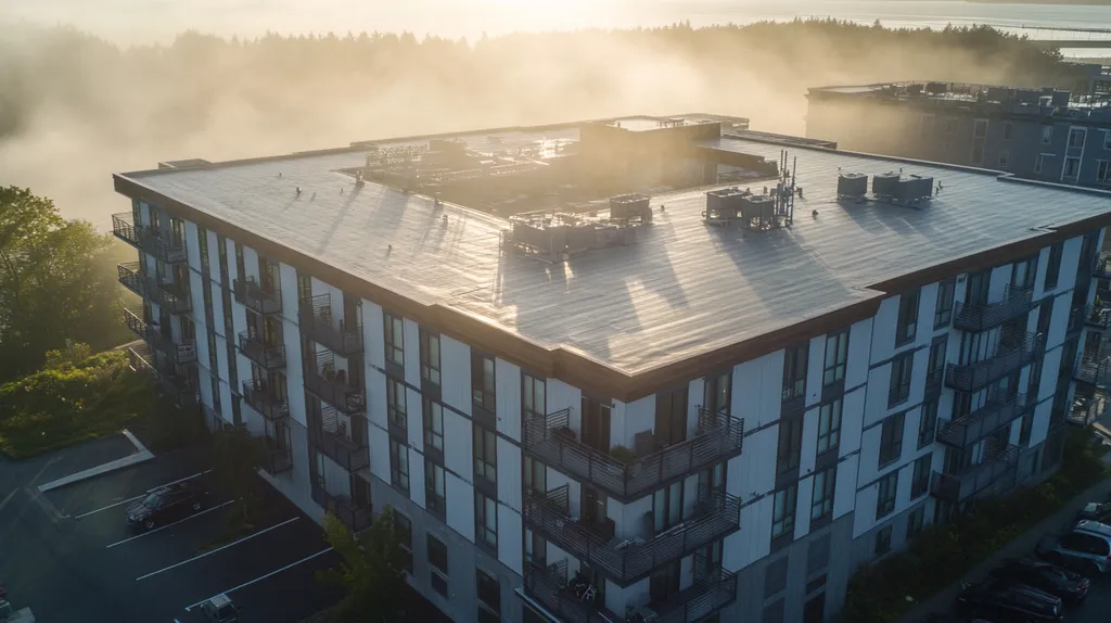 A commercial roof on high-rise apartments in a location similar to Portland, Maine with a light beams aesthetic (AI image)