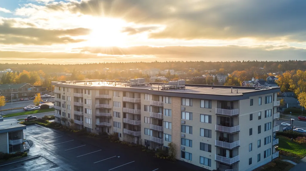 A commercial roof on high-rise apartments in a location similar to Portland, Maine with a light beams aesthetic (AI image)
