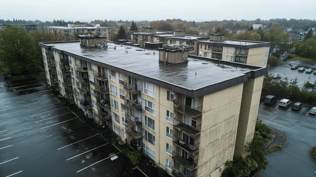 A commercial roof on high-rise apartments in a location similar to Portland, Maine, with a rainy day aesthetic (AI image)