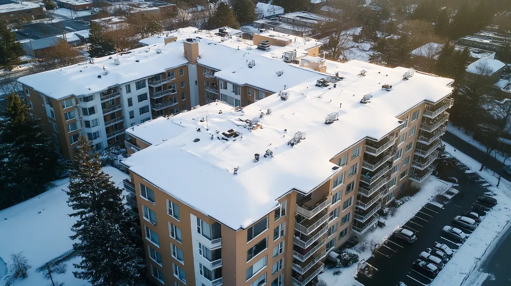 A commercial roof on high-rise apartments in a location similar to Portland, Maine with a snowy day aesthetic (AI image)