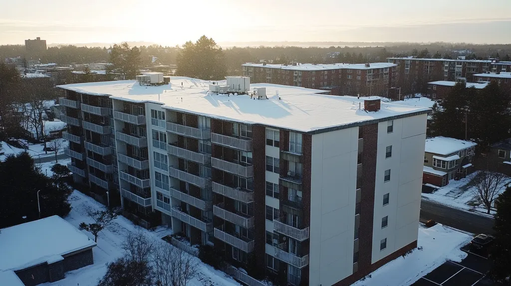 A commercial roof on high-rise apartments in a location similar to Portland, Maine with a snowy day aesthetic (AI image)
