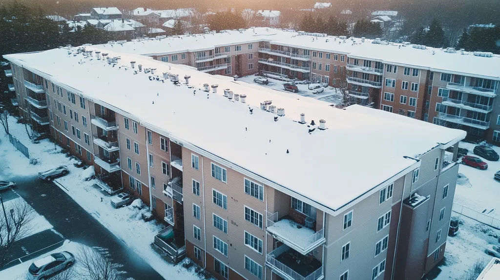 A commercial roof on high-rise apartments in a location similar to Portland, Maine with a snowy day aesthetic (AI image)