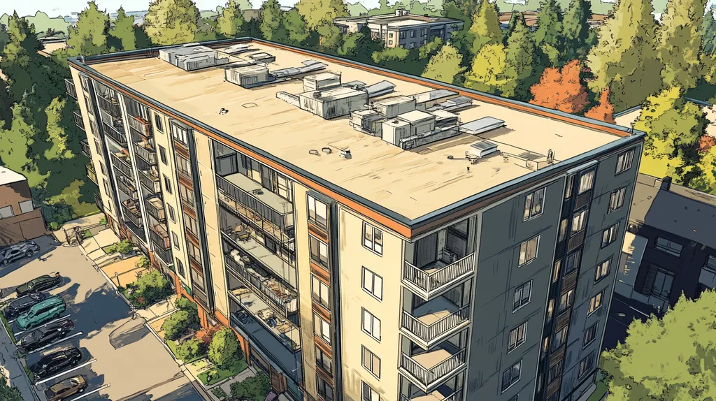 A commercial roof on high-rise apartments in a location similar to Portland with a comic book style aesthetic (AI image)
