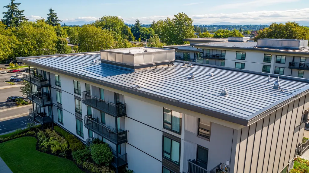 A commercial roof on high-rise apartments in a location similar to Portland with a stainless steel aesthetic (AI image)
