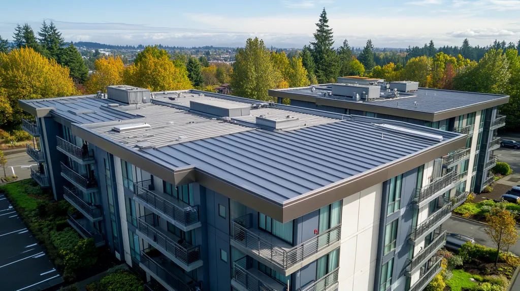 A commercial roof on high-rise apartments in a location similar to Portland with a stainless steel aesthetic (AI image)