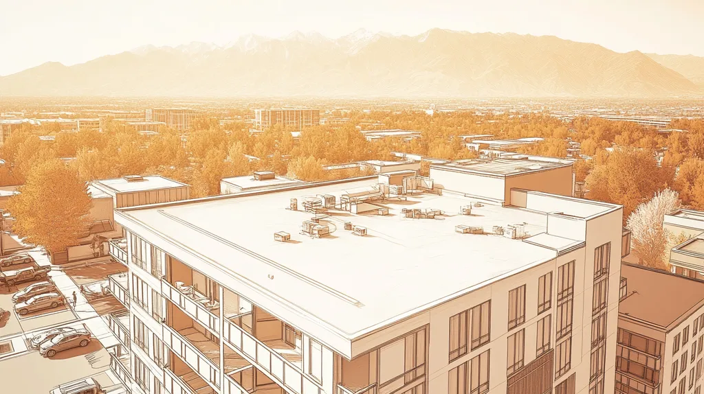 A commercial roof on high-rise apartments in a location similar to Salt Lake City with an architectural sketch rendering aesthetic (AI image)