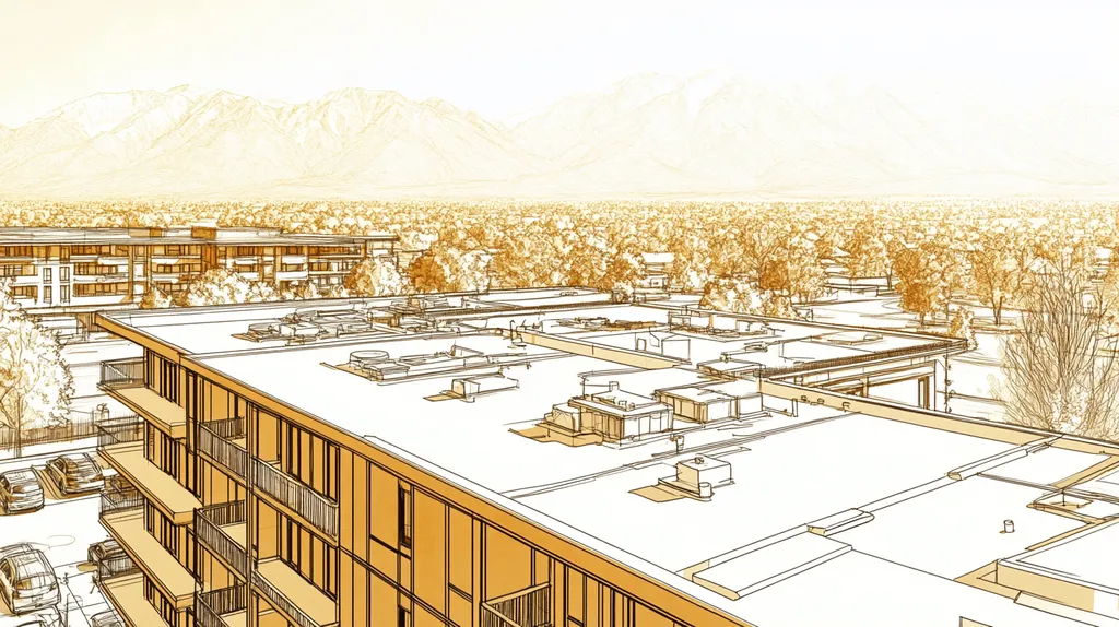 A commercial roof on high-rise apartments in a location similar to Salt Lake City with an architectural sketch rendering aesthetic (AI image)