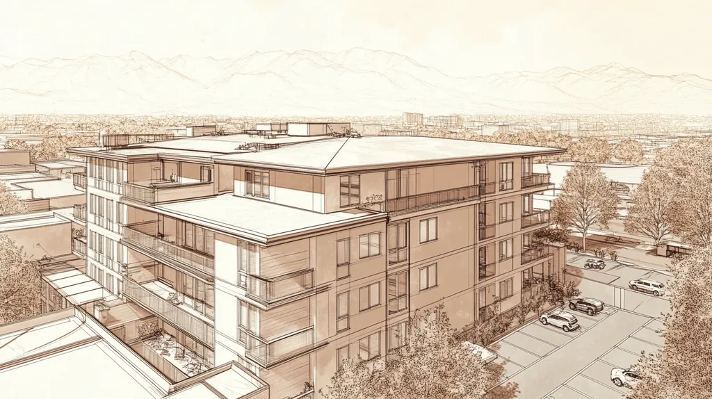 A commercial roof on high-rise apartments in a location similar to Salt Lake City with an architectural sketch rendering aesthetic (AI image)