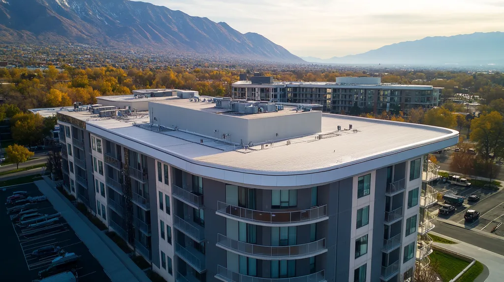 A commercial roof on high-rise apartments in a location similar to Salt Lake City with a futuristic aesthetic (AI image)