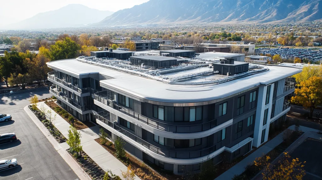 A commercial roof on high rise apartments in a location similar to Salt Lake City with a futuristic aesthetic (AI image)