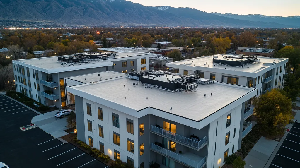 A commercial roof on high-rise apartments in a location similar to Salt Lake City with an illuminated nightscape aesthetic (AI image)