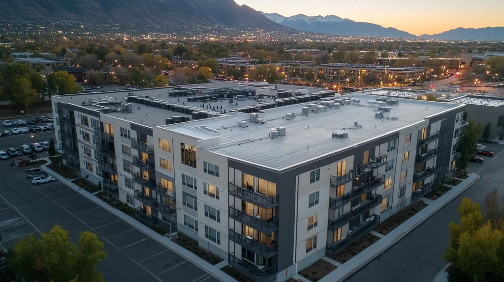 A commercial roof on high-rise apartments in a location similar to Salt Lake City with an illuminated nightscape aesthetic (AI image)