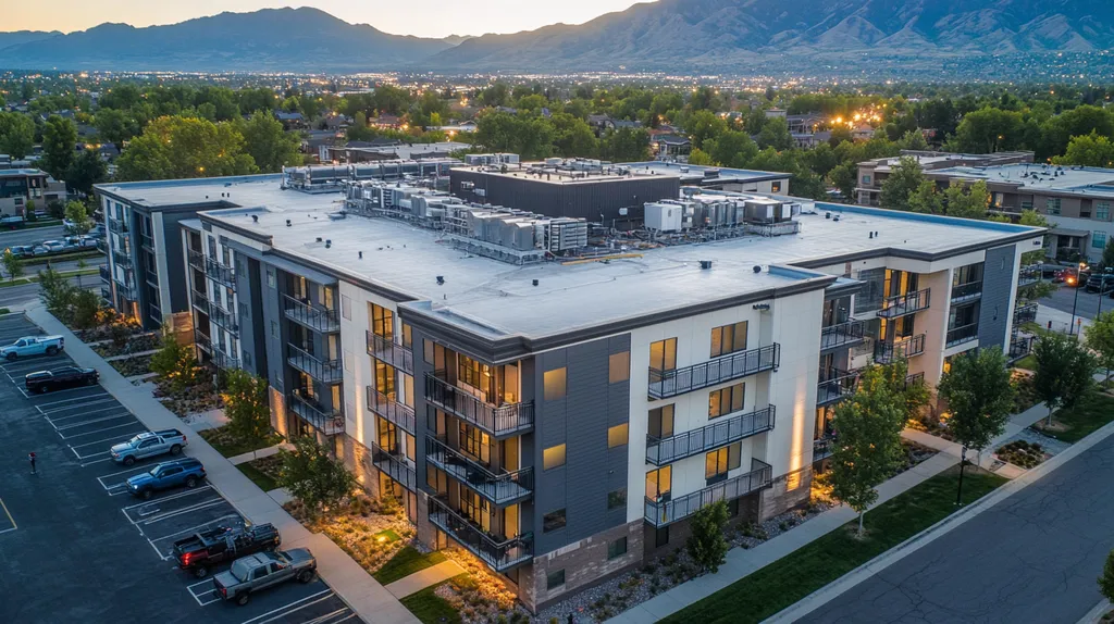 A commercial roof on high-rise apartments in a location similar to Salt Lake City with a illuminated nightscape aesthetic (AI image)